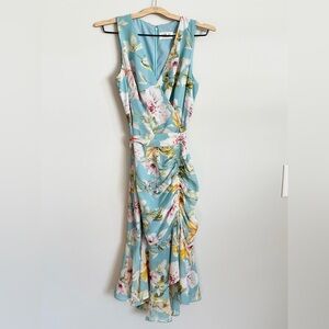 Eliza J Dress Size 10 Blue Floral V-Neck Cinched Belted Spring Party Wedding